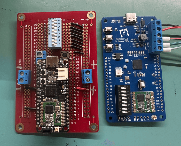 Adafruit Feather compared to PicoLume Version 1 board